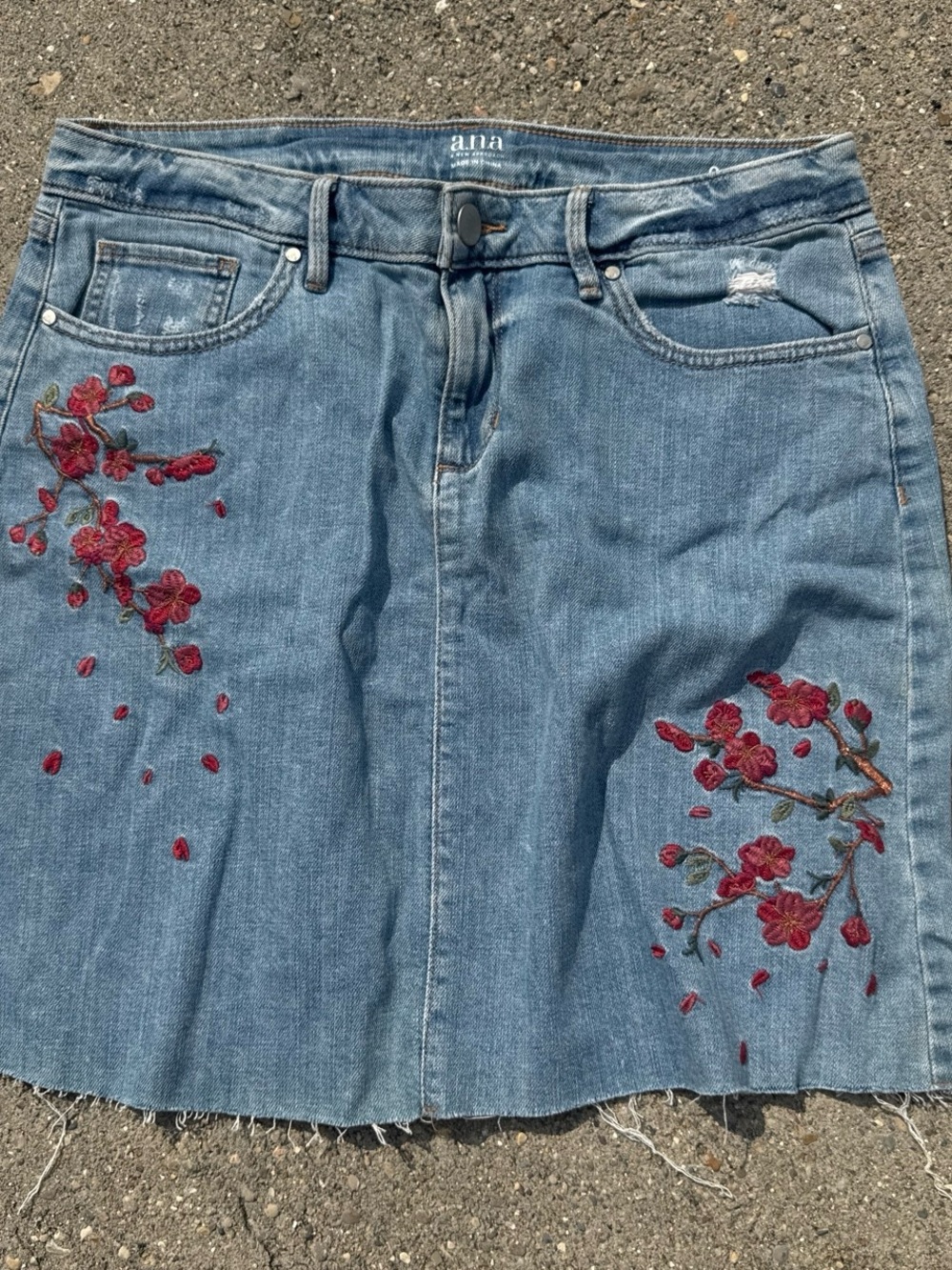 ANA Embroidered Floral Denim Skirt in Light Blue with Red Blossoms